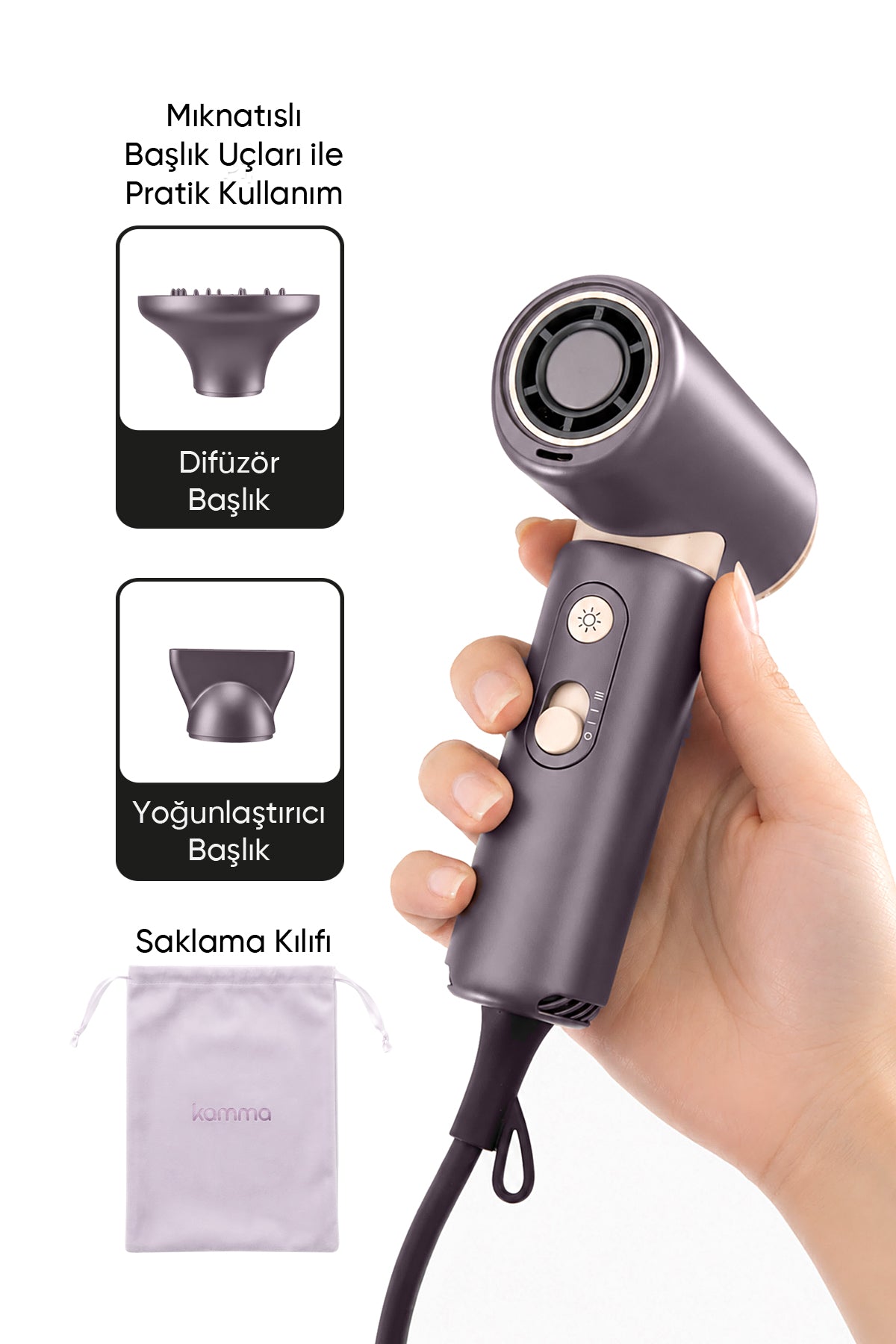 KAMMA Brisa Mini Travel Saç Kurutma Makinesi / Mor - BLDC Motor Çift Voltajlı Plazma İyon